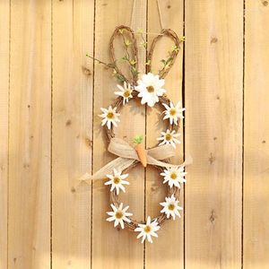 Decoratieve bloemen Easter Rattan Circle krans met LED Light Festival Ears Decoreren Wall Craft for Par