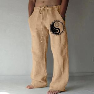 Men's Pants Mens Harajuku Vintage Style Beach Yinyang Baguai Design Printed Casual Linen Pocket Lace Up Large Size