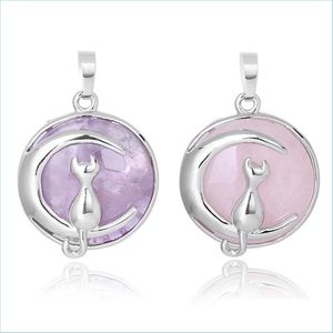 Charms Cat and Moon Natural Stone Charm Hollow Alloy Back Crystal Necklace Pendant Avtagbara s￶ta smycken Tillbeh￶r C3 Drop Deliver Dhafs