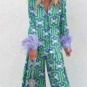Women's Two Piece Pants Women Floral Print Cuff With Feathers Blouses Wide Leg Suits Vintage Button Up Shirts Female Trousers Sets Outfits 220919