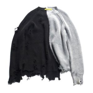 Męskie swetry jesienne zimowi mężczyźni rozryte dziurę Patchwork Zakresowy dzianin sweter Nieregularny projekt Hip Hop Punk Knitwear Women Vintage Pullover 220919
