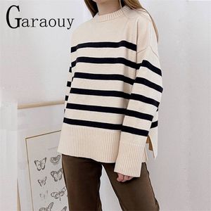 Women's Sweaters Garaouy Women Vintage Loose Striped Casual Sweater Round Neck Long Sleeve Female Autumn Winter Fashion Knitted Pullover Top 220919