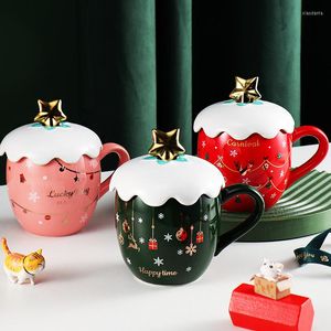 Tassen Weihnachtstasse Schöne Schneeflocke Elch Druck Keramik Wasserflasche mit Deckel und Löffel Hochtemperaturaufkleber Liebhaber Milchkaffee