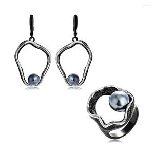 Necklace Earrings Set Viennois Vintage Black Color Jewelry For Women Pearl Design Ring Dangle Party 2022