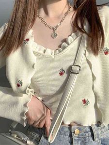 女性用セーター2022ファッションビンテージスイート刺繍ニットセット女性韓国スタイルスリム長袖ベストスリングクロップトップ2ピーススーツJ220915