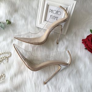 Transparent 12cm High Heel Pointed Toe High-heeled Shoes Red Bottom Women Party Wedding Beige Pointy Toes Clear PVC Stiletto Heels Pumps Color Patchwork Feast Shoe