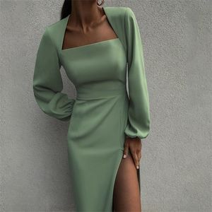 Casual Dresses Womens Autumn Midlength Skirt Temperament Puff Sleeves Solid Color Small Sexy Slit Bag Hip Square Collar Dress 220919