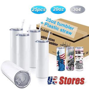 ABD Stock 20oz DIY Süblimasyon Düz Tumblers Kupalar Isı Transferi Baskı Paslı ve Kapaklı Paslanmaz Çelik Su İçecek Yazıları 25 PCS/KARTON 0508