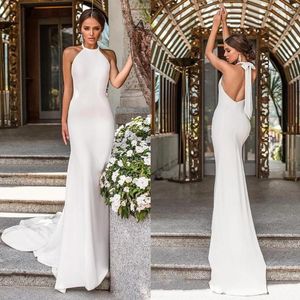 Wedding Dress Simple Satin Halter Mermaid Dresses 2022 Backless Bridal Elegant Sweep Gown Custom Made