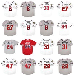 GlaVintage 1995 World Series Baseball Jersey 10 Chipper Jones Greg 31 Maddux 24 Deion Sanders 29 John Smoltz 27 Fred McGriff 8 Javy Lopez Bobby