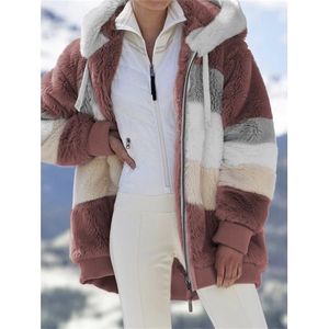 Women's Jackets Winter Fashion Plush Patchwork Zipper Pocket Hooded Retro Loose Long Sleeve Top Coat 220919