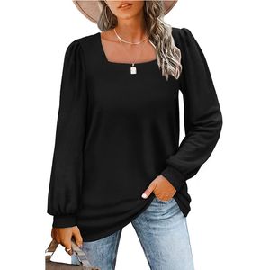 Womens Soild Tunic Tops for Leggings Square Neck Puff Sleeve T Shirt Female Vintage Casual Oversize Tops