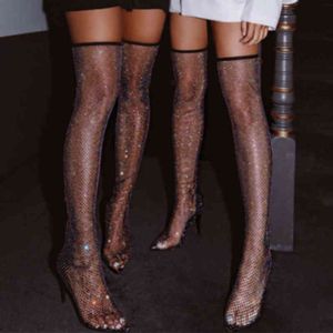 Stivali Sandali moda donna strass tacchi alti sottili stivali al ginocchio a rete testa a punta calzini lunghi e sottili 220920