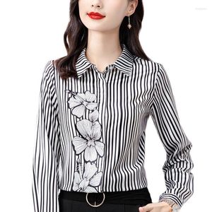 Kafe Ipek toptan satış-Kadınlar bluzlar uzun kollu saten baskı pist gömlek Sonbahar Sokak Kafe Çiçek Çiçekli Kadınlar Parlak İpek Tatlı Ofis Leydi Tops