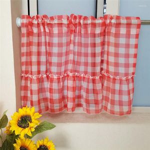 Curtain Korean Style Red Plaid Short Tulle For Living Room Bedroom Sheer Voile Coffee Half Kitchen Cabinets