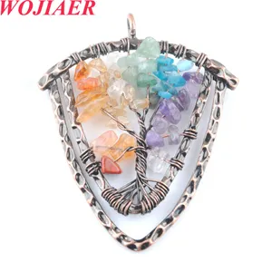 Natural Stone Shield Pendant Healing Aquamarine Reiki Tree of Life Wire Wrap Chips Bead For Women Girls Necklace Making BO924