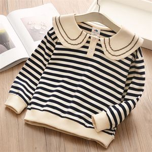 Pullover Sonbahar İlkbahar 2 3 4 5 6 7 8 9 10 Yıllık Günlük Uzun Kollu Peter Pan Yaka Pamuklu Çizgili Sweatshirt Çocuklar İçin Kız Bebek 220919