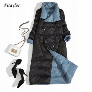 Women's Down Parkas Fitaylor Women Double Sided Long Jacket Winter Turtleneck White Duck Coat Breasted Warm Snow Outwear 220919