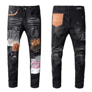 Trendy Black Patch Hole Slim Embroidery Jeans For Mens Casual Hip Hop Streetwear Frayed Brand Youth Denim Pencil Pants 615