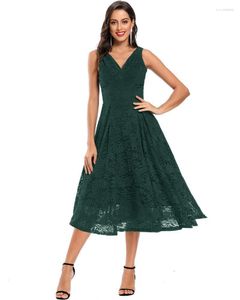 Party Dresses Top Quality Real Po Women V Neck Lace Cocktail Dark Green Purple Pleated Draw Waist Big Swing Sleeveless Dress