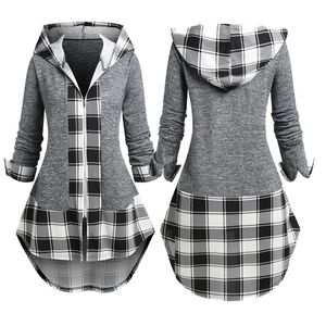 Jaquetas femininas Manga longa Capuz xadrez Botão Down Tops High Low 2 em 1 top 1 Com Hood 220919