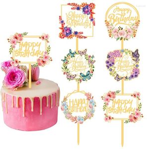 Festliga leveranser 1/3st Grattis på födelsedagen Flower Butterfly Gold Akryl Cake Topper Cupcake Insert Card för Party Baby Shower Dessert Decor