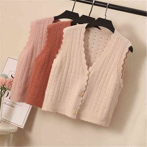 Pulls pour femmes coréennes femmes pull gilet simple boutonnage court pulls en dentelle Vhals Sweet Girl denten printemps nouveau tricot hauts sans manches J220915