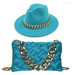 Boinas fedoras chapéu de duas peças conjunto para mulheres de grandes dimensões Bolsa de acessórios Fashion Luxury Ladies Lake Blue Wide Brim Brim