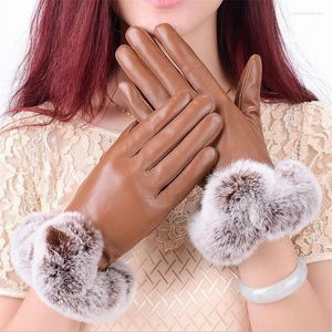 Five Fingers Gloves Women's Genuine Leather Touch Screen Winter Real Sheepskin Fur Driving Glove