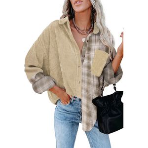 Designer Shirt Womens Corduroy Plaid Patchwork Button Down Shirts with Pocket Casual Long Sleeve Lapel Shacket Jacket