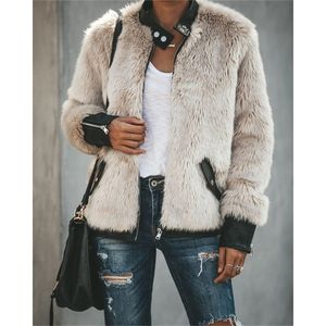 女性の毛皮のフェイク女性ウォームベアフリースレザーパッチワークポケット長袖スリムなジャケットジップアップオーバーサイズのアウトウェアコート220919