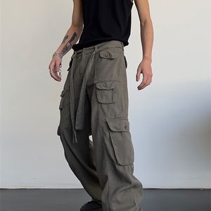 Erkek kot pantolon retro retro gündelik büyük cep tulumlar erkek ve kadın yaz yüksek bel gevşek düz tüp örtülü geniş bacak pantolon 220920