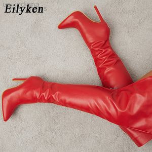 부츠 Eilyken New New 뾰족한 발가락 여성 패션 활주로 겨울 하이힐 허벅지 섹시한 빨간 신발 L220916