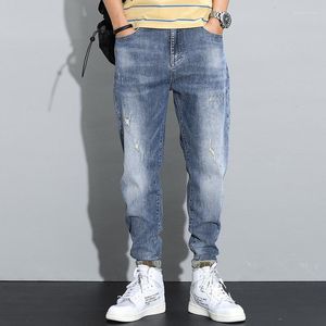 Jeans masculinos de moda coreana masculino de alta qualidade retro azul slim fit elástico rasgado roupas de streetwear harém harém harém harém