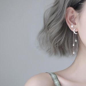 Dingle rh ngen Sterling Silver Creative Moon Star Tassel Drop Earring For Women Fashion Party Accessories Asymmetry Jewelry Brincos
