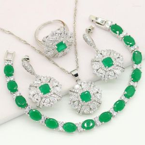 Necklace Earrings Set Bridal For Women Jade Green Stones Pendant Bracelet Open Ring Christmas Gift 4PCS