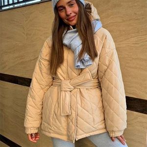 Womens Down Parkas RR Casual Solid Arygle Tie Belt Parkas Women Fashion Thick Short Coats Women Elegant Hooded Loose Cotton Jackets Female Ladies 220921