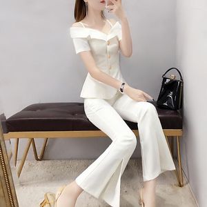 Women's Tracksuits 2022 Summer Women Off Shoulder Chiffon Blouse Tops Fashion Solid Wide Legs Pant 2 Piece Set Female Two Suit Outfits B55