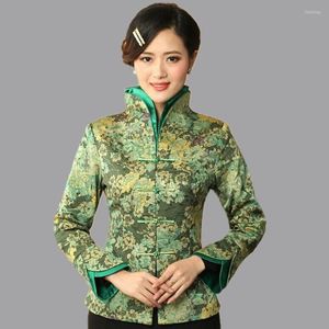 Damenjacken Großhandel - Hellgrüner traditioneller chinesischer Stil Damenjacke mit V-Ausschnitt und Blumenmantel, Damenjacke, Größe S M L XL XXL