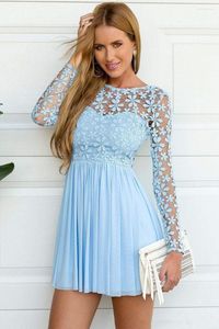 Party Dresses Sky Blue Long Sleeve Crochet Lace Chiffon Skater Short Prom Homecoming Summer Holiday Elegant OccasionParty