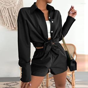 Women's Tracksuits 2022 Elegant Long Sleeve Single Breasted Blouse Suit Lady Autumn Women's Fashion Lapel Shirt Shorts Two Piece Office