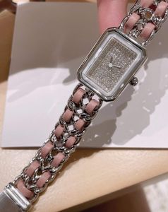 New Women Full Diamond Quartz Watch Rectangle Boyfriend Premiere Watches Vintage Two Row Pink Leather Wristwatch Weaving Bracelet Lady Boy-Friend Clock 26mm