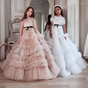 Vestidos femininos flor sem alças para casamento de luxo de luxo saias camadas de camadas de criança vestidos de concurso Tulle Primeira comunhão vestido