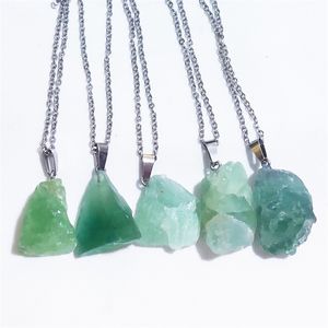 Pingente de pedra mineral bruta natural pingente verde fluorita cristalina de aço inoxidável colar por atacado