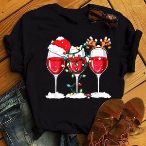 Women's T Shirts Women's T-Shirt WVIOCE Cute Wine Glass Christmas Hat Women Fashion Tops Print Black Short-sleeved Female T-shirts