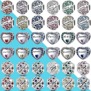 Komponenter runt Birthstone Charm Bead 925 Silver Fit Original Armband DIY oktober augusti mars april januari Hjärtform