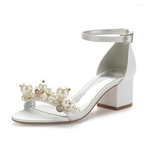 Sandals Satin Chunky Block Thick Heels With Big Pearls Beads Ankle Strap Bridal Wedding Prom Dance Gril's Birthday Party Shoes