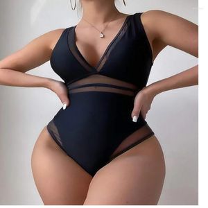 Kvinnors badkläder Solid Black Mesh Plunge V Neck Push Up Women's Swimsuit One Piece High midje bodysuit 2022 Monokini Baddräkt