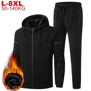 Herrsp￥rar 7xl 8xl stor storlek 6xl 5xl sportkl￤der m￤n f￶rtjockar tr￶jor sport m￤ns set huva fleece fodrade varma 2 st set man