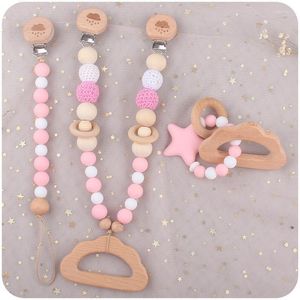 Pacifiers 3Pcs Cartoon Wooden Bracket Pacifier Clip Chain Dummy Holder Nipples Children Clips Teether Teething Toy